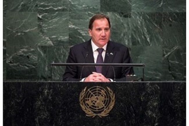 Stefan Löfven, Prime Minister of Sweden, addresses the United Nations summit for the adoption of the post-2015 development agenda. Photo: UN Photo/Cia Pak