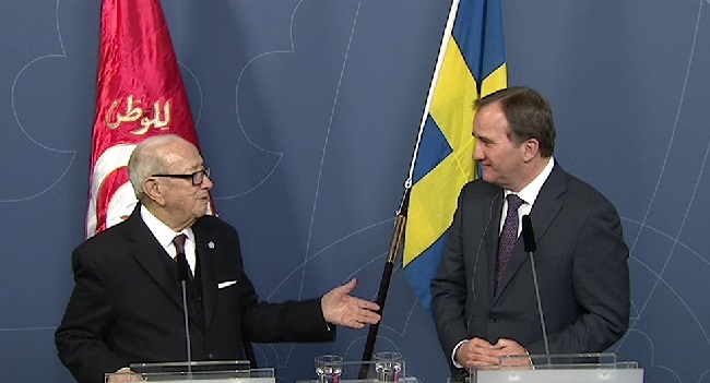 Tunisian President Essebsi (left) and Swedish Prime Minister Löfven at a press conference in Stockholm