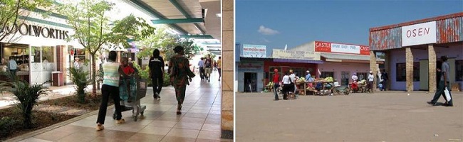 Gabarone, Botswana. The fashionable Riverwalk Mall (left) is just a couple of kilometers away from the Old Naledi Market (right), but these two urban locales are worlds apart from a socio-geographical point-of-view