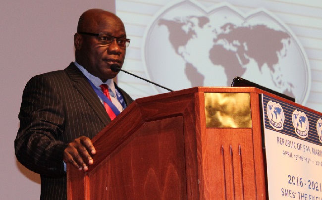 Dr. Isaac W. Nyenabo, Liberia's Ambassador to the Benelux, ACP and the European Union speaks on behalf of President Ellen Johnson Sirleaf at the 4th Assembly of the World Union of Small and Medium Enterprise (WUSME) held in San Marino from April 15 -17