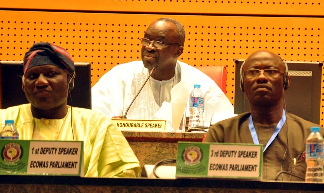 From Left: 1st Deputy Speaker, Yusuf Lasun of Nigeria; Speaker Moustapha Cisse Lo of Senegal & 3rd Deputy Speaker, Jefferson Karmoh of Liberia  