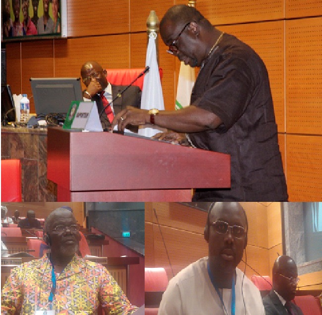 Pic caption: Above, Rep. Snowe reads the report as Rep. Karmoh presides (seated); Below (right to left), Senators Weah & Johnson listen during the session 