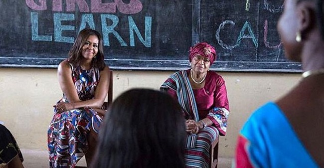 US First Lady Michelle Obama and Liberian President Ellen Johnson Sirleaf listen as a Liberian female student makes a remark Photo: micatliberia.com