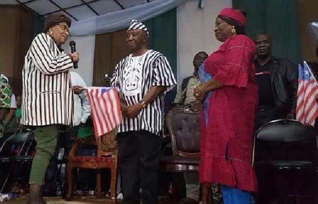 Vice President Boakai (center) gets the endorsement of President Ellen Johnson Sirleaf at the UP convention